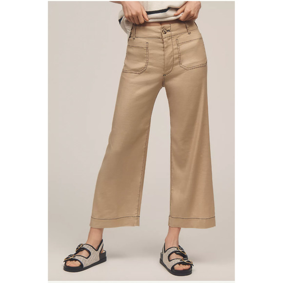 Anthropologie The Colette Contrast-Stitch Linen Crop Wide-Leg Pants by Maeve 24 - Picture 1 of 4